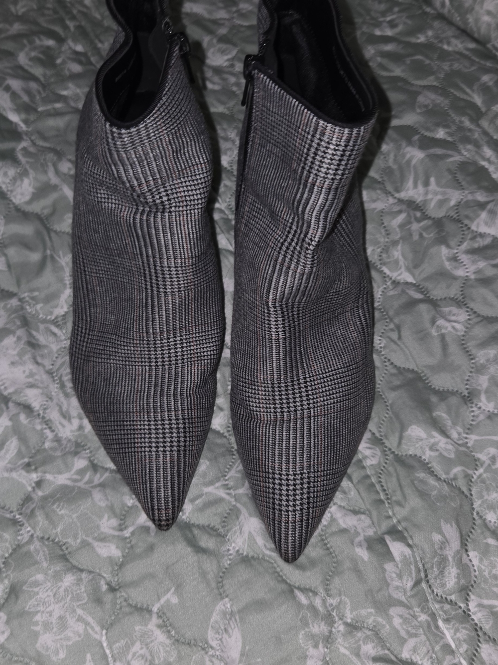 CAbi Gray Plaid Pointed Toe Ankle Booties